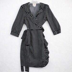 Kate Spade New York Silk Wrap Dress Black White Striped Ruffle Size 8
